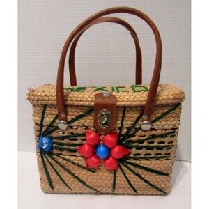 Vintage Mexican Woven Straw Purse Raffia Flowers Leather Straps Basket Box